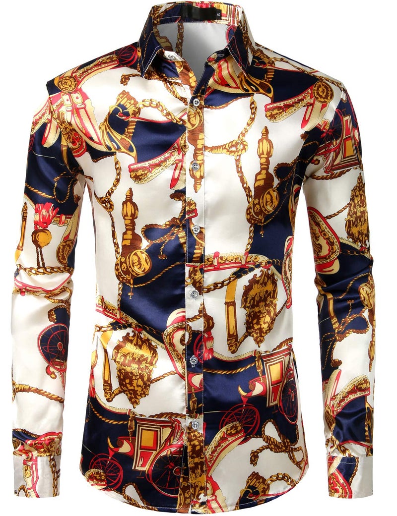 ZEROYAA Men's Hipster Printed Silk Like Satin Button Down Dress Shirt for Party Prom ZLCL11-Beige Medium - Image 1
